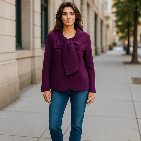 Oscar de la Renta Wool Jacket Cardigan Tie Neck Ruffle Purple Womens 14 - Picture 2 of 6